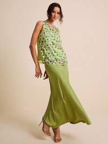 LOTSLUV Women's Green Rose Embellished Sleeveless Top, Sheer Patchwork Design, Suitable For Spring And Summer, Flower Top For Women, 3d Flower Top, Latest Tops For Women New Arrivals, Party Tops For Women, Blouse For Women Casual Mother - Green - View 5