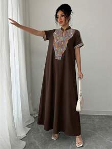 Rafferiza Contrast Color Embroidery Stand Collar Rhinestone Decor Loose Women Long Dress - Brown - View 5