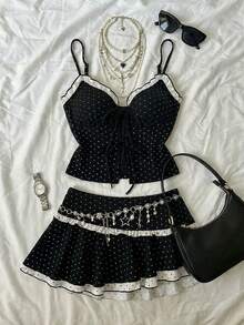 Attitoon Women's Black And White Dots Prints Fashion Dark Goth Style Frill Trim Camisole Top & Mini Skirt 2-Piece Set, Gothic Summer Clothes,Summer Outfits ,Black Top  And Skirt,Music Festival, Black And White Polka Dot Two Piece Set, - Black - View 1