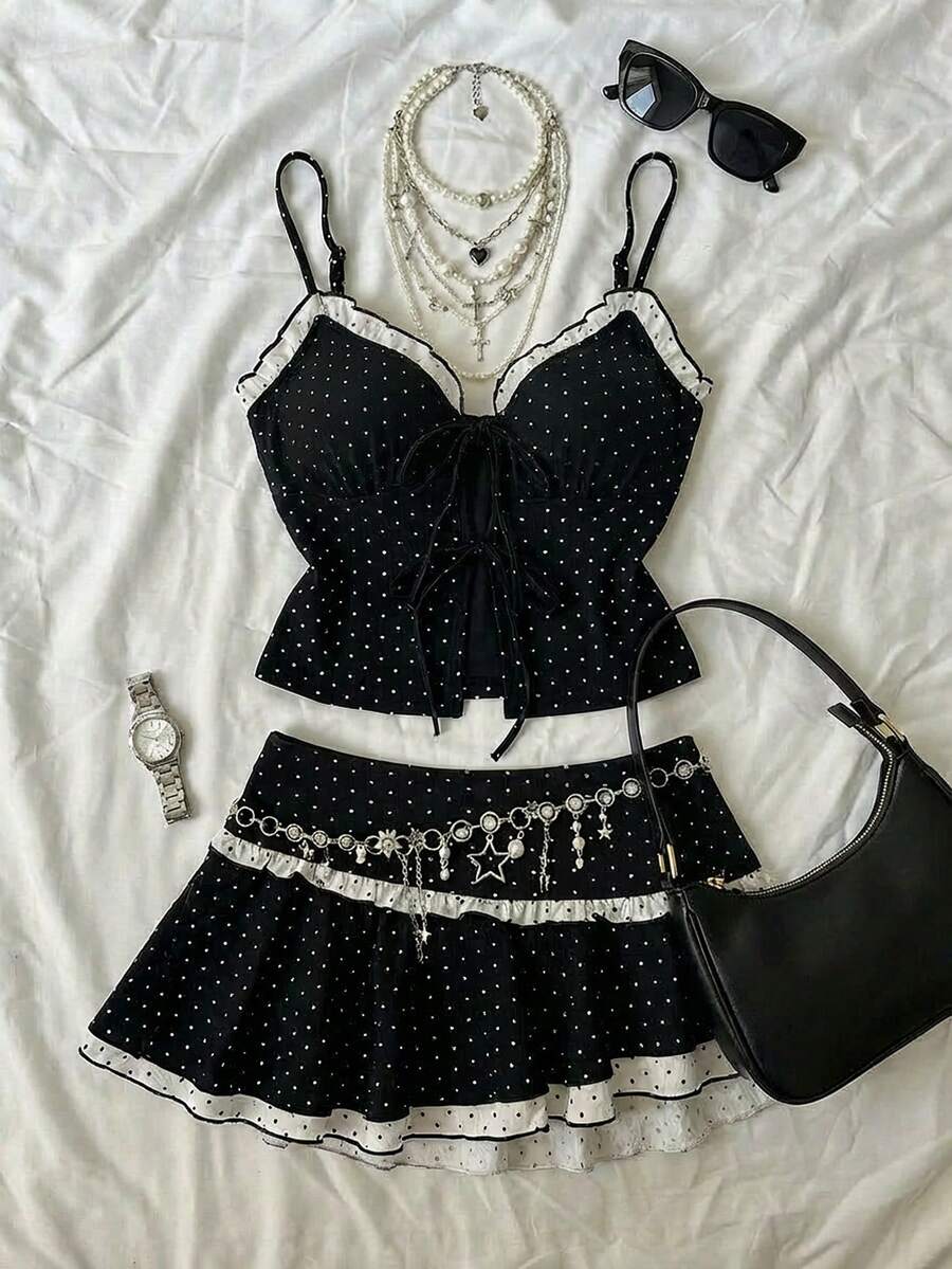 Attitoon Women's Black And White Dots Prints Fashion Dark Goth Style Frill Trim Camisole Top & Mini Skirt 2-Piece Set, Gothic Summer Clothes,Summer Outfits ,Black Top  And Skirt,Music Festival, Black And White Polka Dot Two Piece Set, - Black - View 1