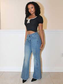 Steph T 女士蕾丝撞色系带前襟设计T恤外出上衣夏季短款上衣女款 - 黑色 - 查看 4