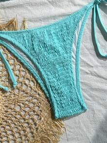SHEIN Swim 女士夏季沙滩纯色挂脖系带休闲比基尼和三角泳裤套装 - 藍色 - 查看 4