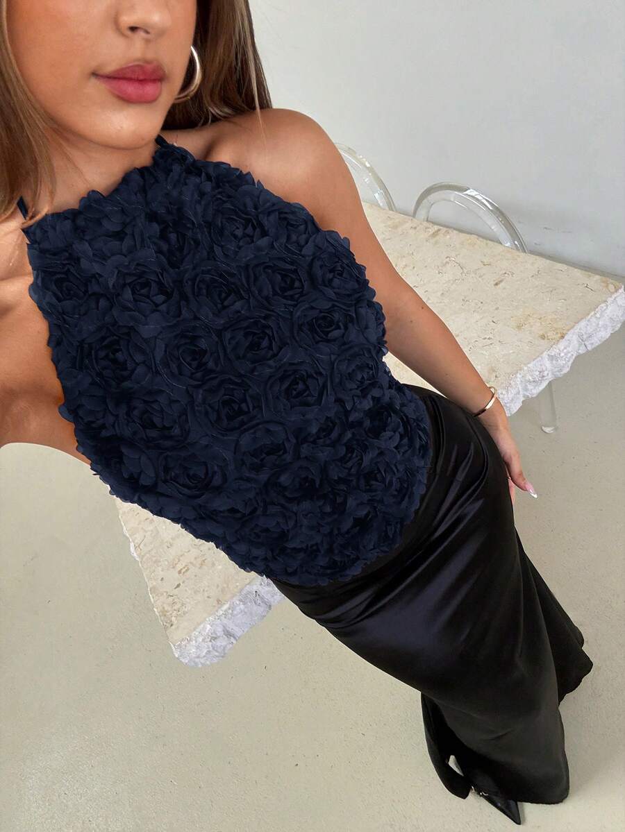 Aloruh Damen 3D Blumen Dekor modischer vielseitiger Neckholder Top für Dates - marineblau - Übersicht 1