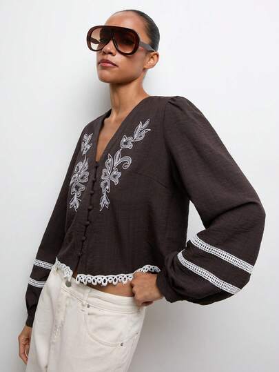 Maija Chic And Cool Women's Brown V-Neck Embroidered Casual Vacation Top Spring Summer Beach Outfits Brown Blouse Flower