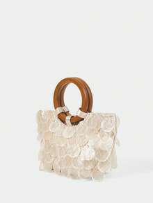 SHECARRY Ladies, Women Imitation Round Seashell Pieces Top Handle Bags, Wooden Handle, Fashionable, Elegant, Simple, Personalized, Versatile, For Beach, Vacation, Holiday, Summer, Seaside, Beach Party - Beige - View 3