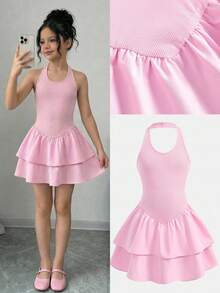 Tween Girls Casual Pink Knit Spaghetti Strap Camisole Yoga Waist A-Line Mini Dress, Suitable For Valentine's Day, Parties, Outings, Back To School, Graduation - Pink - View 7