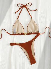 Swim SXY Ladies' Summer Beach Music Festival Sexy Brown Metallic Fabric Resort Style Bikini Set - Chocolate Brown - View 2
