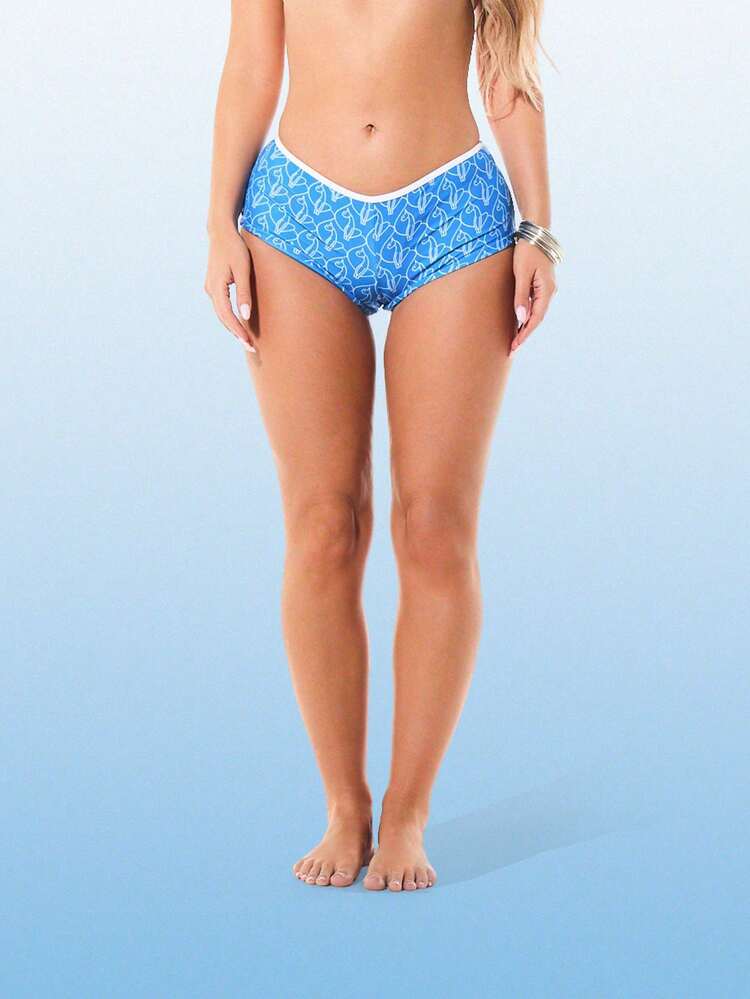 BABYPHAT Women High Rise Bikini Bottom Shorts Blue Logo Print All Over Pattern White Trim Summer Beach Swimwear Cheeky Coverage