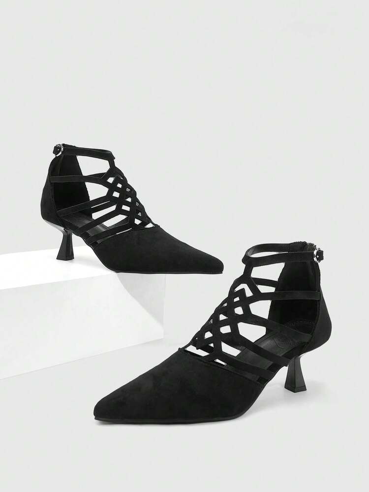 CUCCOO SZL Women Shoes Hollow Design Pointed High Heels Sneakers Sexy Faux Suede Black High Heels Sneakers Party Dating Daily