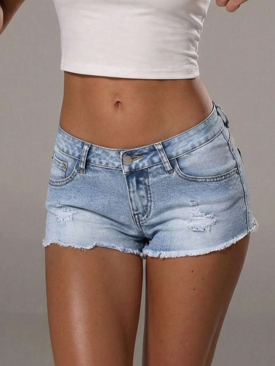 TRNVIE Shorts vaqueros de talle bajo con dobladillo desgastado y deshilachado, de estilo casual y sexy - Lavado ligero - Ver 1
