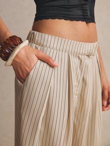 Poéselle Women's Striped Pocket Casual Versatile Daily Wear Pants,Striped Wide Leg Pleated Pants With Ankle Tie, High Waist Loose Fit Trousers, Casual Spring Summer Office Outfit For Women - Multicolor - View 3