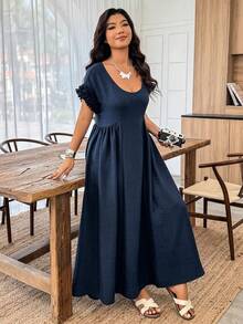 Weeklong Vestido holgado sin mangas con cuello ancho y volantes para mujer de talla grande, primavera/verano - Azul - Ver 5