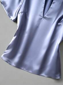 GlowEve CURVE Plus Size Satin Fabric Collared V-Neck Short Sleeve Fitted Shirt, Casual Commute Elegant Outgoing Date Party Blouse - Dusty Blue - View 6