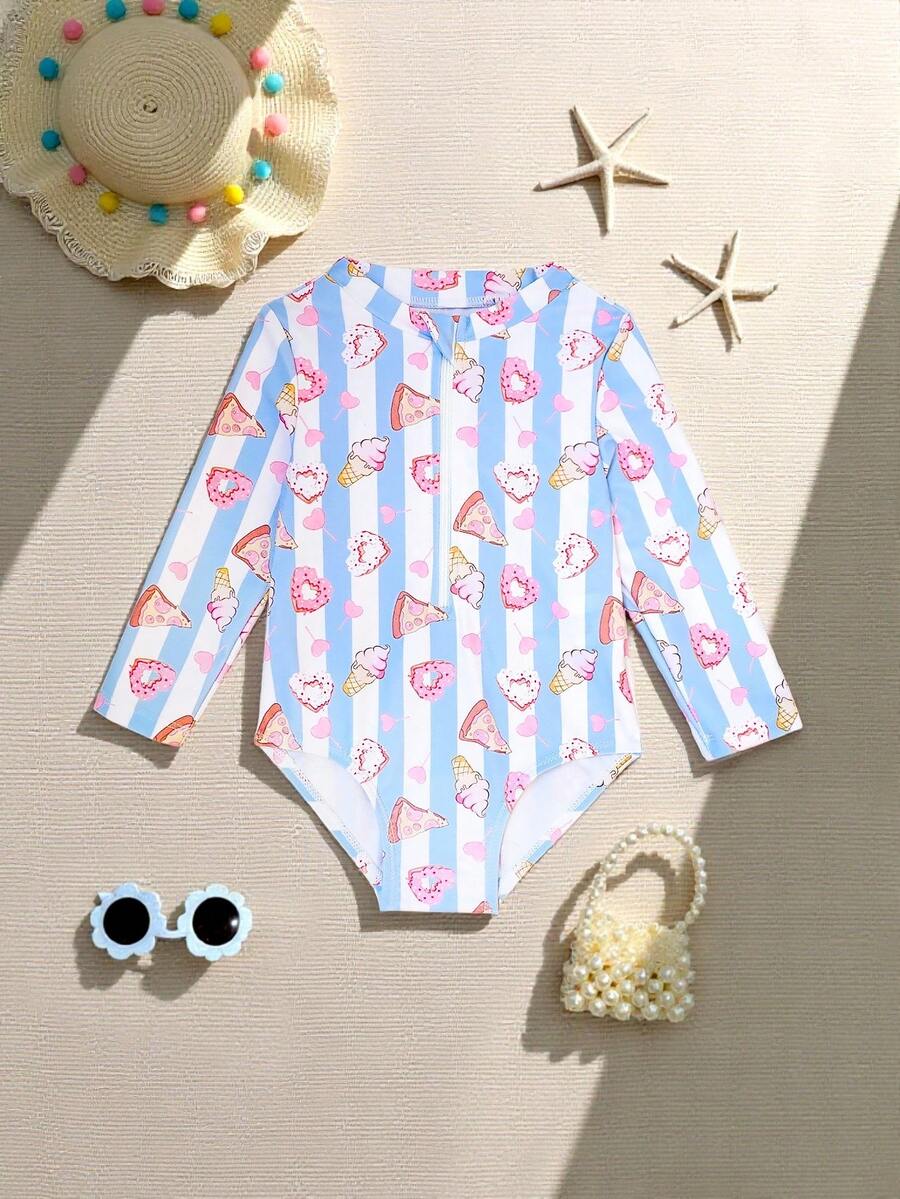 Baby Girl Striped & Cartoon Food Print Long Sleeve One-Piece Swimsuit, Suitable For Summer Vacation, Beach - Multicolor - View 1