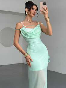 Firerie Đầm nữ thanh lịch, tinh tế, lãng mạn, hở lưng, họa tiết hoa, cổ xếp ly, thích hợp cho các buổi dạ hội, đám cưới, tiệc tùng, trang phục mùa hè trang trọng, đi làm, hàng ngày, ngày Valentine, tiệc tùng. - Màu xanh Bạc hà - Xem 9