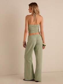 Easelle 女士绿色条纹编织两件套通勤套装 - 綠色 - 查看 2