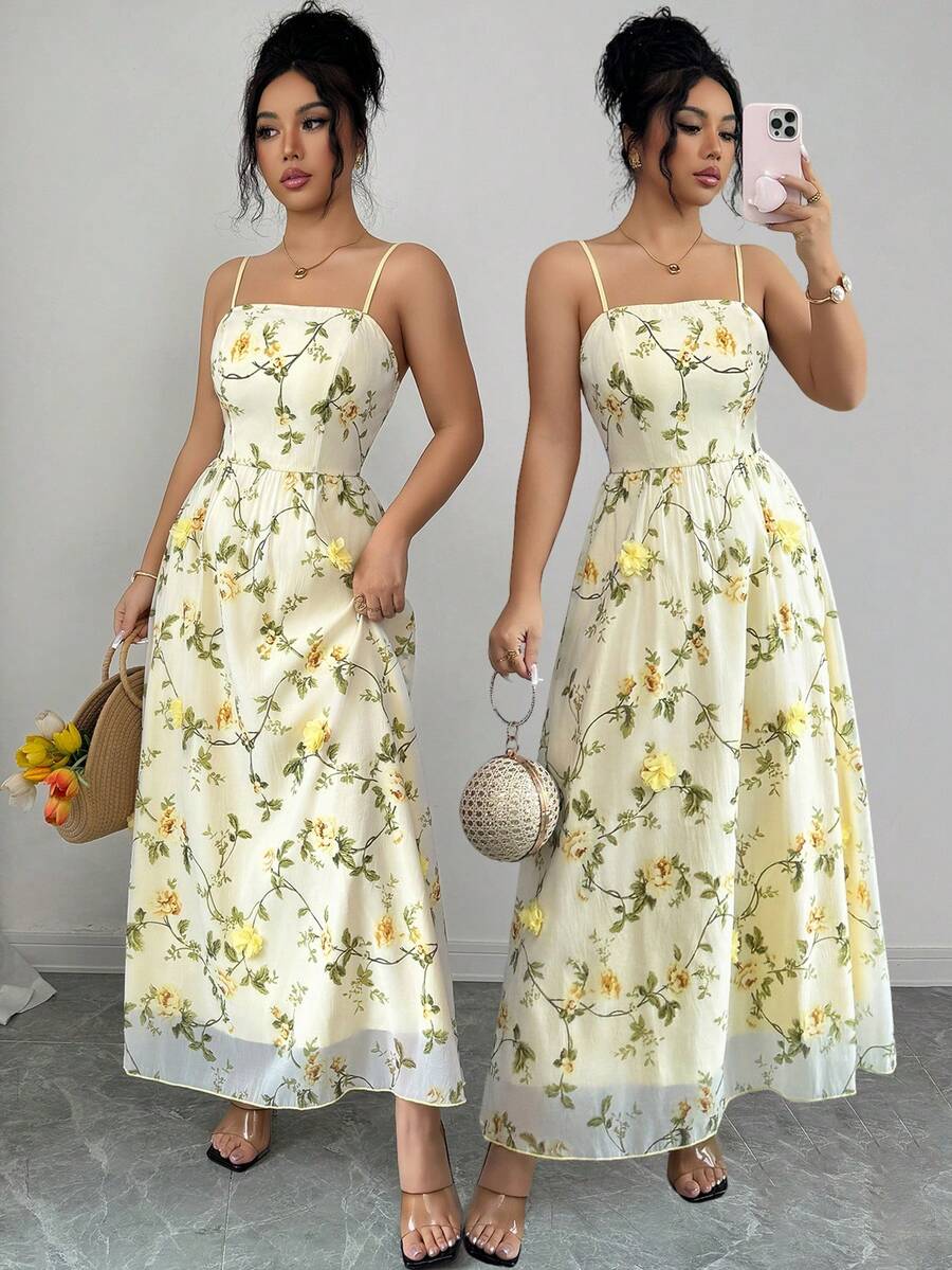 Elenzga 2026春夏新款黄色网纱3D立体花卉刺绣A字吊带裙 - 淡黃色 - 查看 1