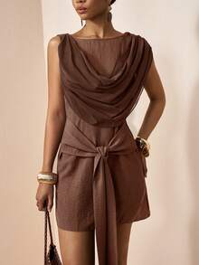 Zivah Dark Brown Summer Elegant Women's Linen Casual Mini Dress, Bar Party Draped Neckline Asymmetric Ruffle Tie-Waist Decor Boho Western Nomadic Style - Khaki - View 6