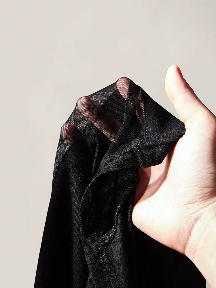 SHEIN ICON Bộ jumpsuit hai dây gợi cảm phối lưới chắp vá - màu đen - Xem 8