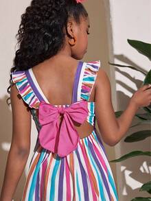 Tween Girl Casual Vacation Tropical Colorful Striped Print Flutter Sleeve Cutout Back Bow Tie Contrast Color Mini Dress - Multicolor - View 4