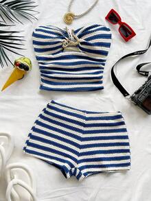 Soleia Bộ đồ thể thao nữ năng động màu đen trắng kẻ sọc, áo croptop ống có khóa kim loại trang trí và quần short siêu ngắn, thích hợp cho hẹn hò, tiệc tùng, kỳ nghỉ biển. - Nhiều màu - Xem 3