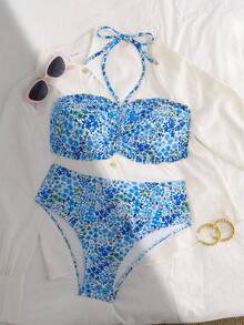 SHEIN Swim Women's Summer Beach Vacation New Cute Strapless Floral Ruffled Ditsy Floral Matching Delicate Pearl Pendant Drawstring Bikini Set - Multicolor - View 7