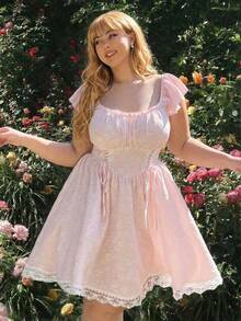 Lyrianda Đầm mini dáng rộng, cổ vuông, tay ngắn, phối màu patchwork, thanh lịch, phong cách vintage, thường ngày, dễ thương, thích hợp cho kỳ nghỉ. - Hồng - Xem 1