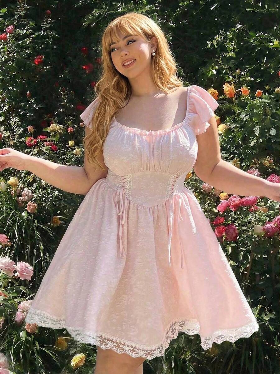 Lyrianda Đầm mini dáng rộng, cổ vuông, tay ngắn, phối màu patchwork, thanh lịch, phong cách vintage, thường ngày, dễ thương, thích hợp cho kỳ nghỉ. - Hồng - Xem 1