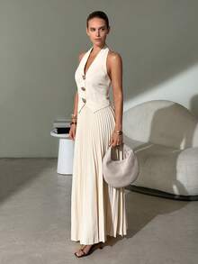 Lavishia 女士春夏优雅百褶裙背心套装，适合通勤、聚会、外出和度假 - 杏色 - 查看 5