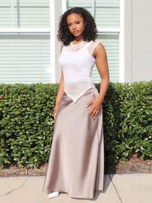 Steph T Women's Elegant Satin Skirt, Versatile Fish Tail Hem A-Line Skirt, Everyday Wear - Khaki - View 5