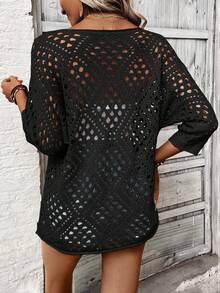 Breezaya Women Loose 3/4 Sleeve Hollow Out Knit Top - Black - View 2