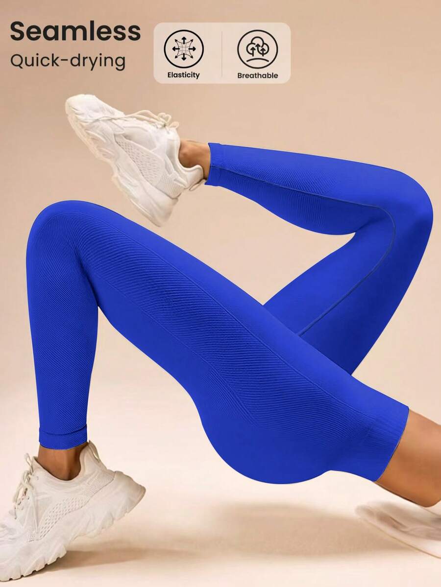 SHEIN Sovereign Charm Women's Solid Color High Waist Casual Fitness Leggings - Blue - View 1