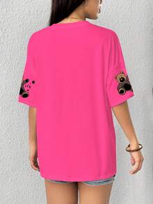 INAWLY Camiseta casual de mujer con estampado de oso de dibujos animados lindo - Mezcla de poliéster cómoda, manga corta, cuello redondo - Perfecta para primavera y verano - Multicolor - Ver 2