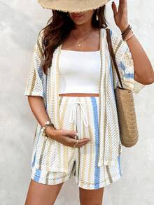 SHEIN 2pcs Maternity Vacation Striped Short Sleeve Kimono Cover Up And Adjustable Waist Shorts Set Beach 2 Piece Summer Two Boho - Multicolor - View 3