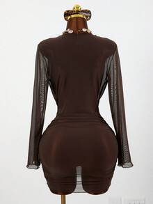 Swim Vcay 女士卡其色性感网纱长袖透视沙滩罩衫泳衣 - 咖啡棕 - 查看 2