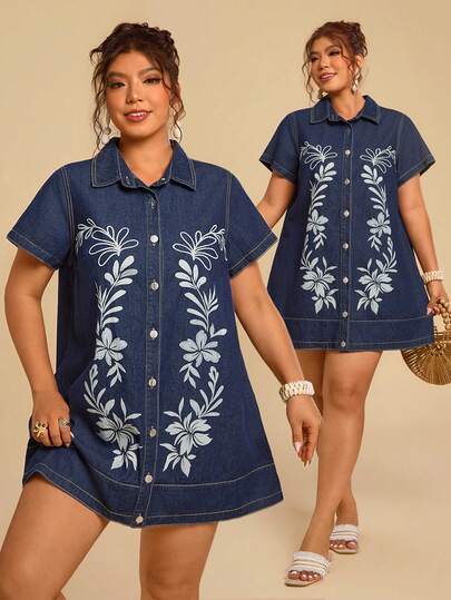 Travachic Plus-Size Women's Shirt Dress, Loose Short-Sleeved Dress, Vacation Floral Dress,Summer Dress .Beach Vacation Outfits