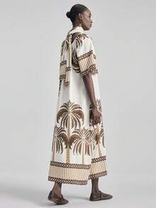 Ontre 女士椰树印花露肩连衣裙，松紧腰，适合度假、优雅、婚礼宾客、简约、浪漫、法式时尚、奢华、都市通勤、高品质、机场、邮轮等场合，四季皆宜，百搭 - 彩色 - 查看 2