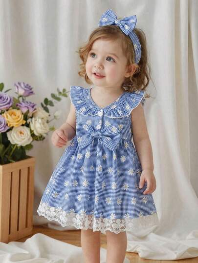 Baby Girls' Blue Plaid Daisy Lace Trim Casual Dress, Comfortable Cute Sleeveless Ruffle Lace Hem Summer Vacation Dress With Blue Daisy Pattern Baby Girl Frocks Summer Summer Elegant Baby Dress Baby Girldresses With Collar And Sash For Summer Summer Preschool Toddler Summer Dresses Blue Baby Girl Dresses Toddler Girls Cute Vintage Style Twin Toddler Dresses Matching Sister Dresses Blue Floral Toddler Dress Baby Girl Floral Print Summer Dress
