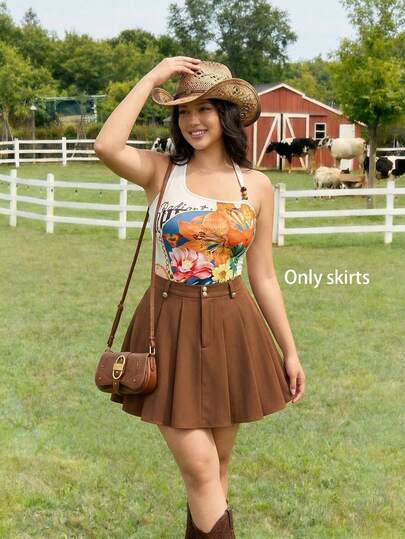 SHEIN MOD Plus Size Women Solid Color Pleated Button Casual Versatile Date Outing A-Line Mini Skirt