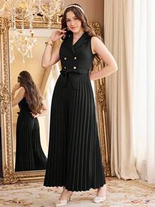 Teen Girls Casual Commute Elegant Black Lapel Double-Breasted Belted Waistcoat Pleated Wide Leg Jumpsuit/Wedding Guest Outfit, Suitable For Occasions Like Holidays, Parties, Weddings, Back To School, Graduation - Black - View 3