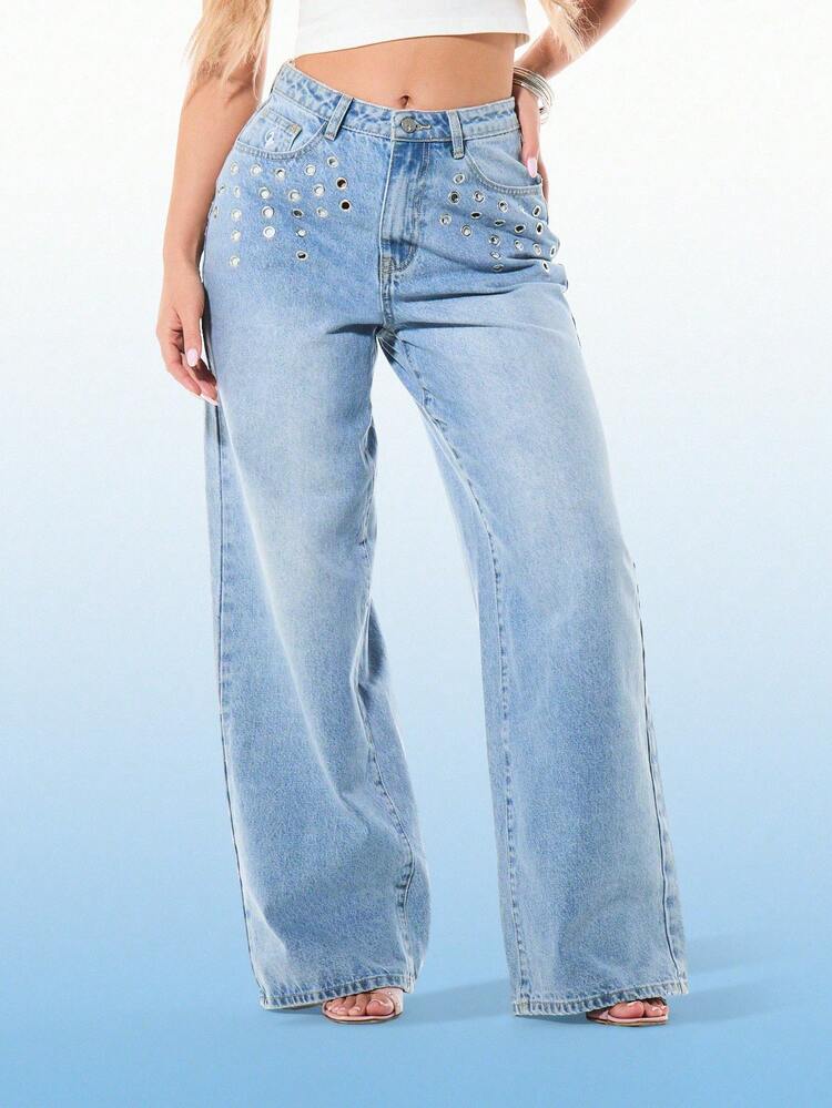 BABYPHAT Jeans ample à taille haute pour femmes avec œillets métalliques et imprimé d'ailes d'ange au dos, en denim vintage lavé, pantalon palazzo