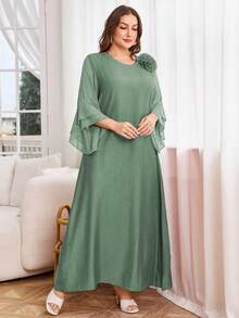 Lacomfia Plus Size Women Solid Color Chiffon Patchwork Modest Casual Dress Fall - Mint Green - View 4