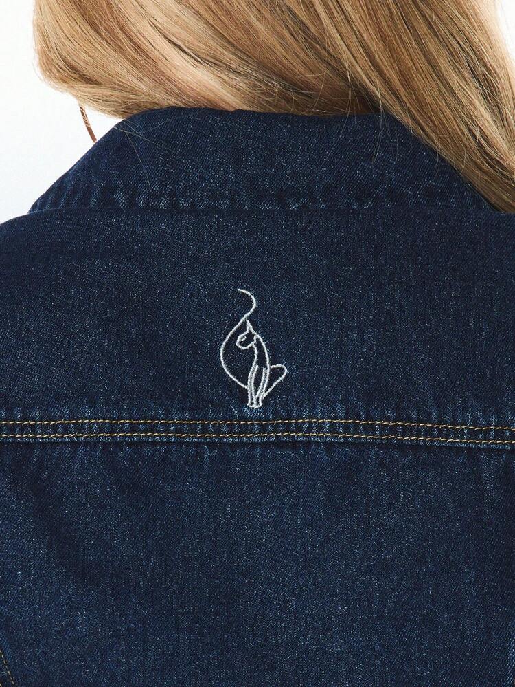 BABYPHAT Women Cinched Waist Rhinestone Embellished Classic Button Front Denim Jacket With Chest Pockets Dark Wash Long Sleeve Fall Winter