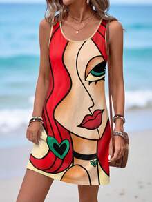 Sylviya 女士圓領數字印花無袖夏季裙子 "愛" - 紅色 - 查看 3