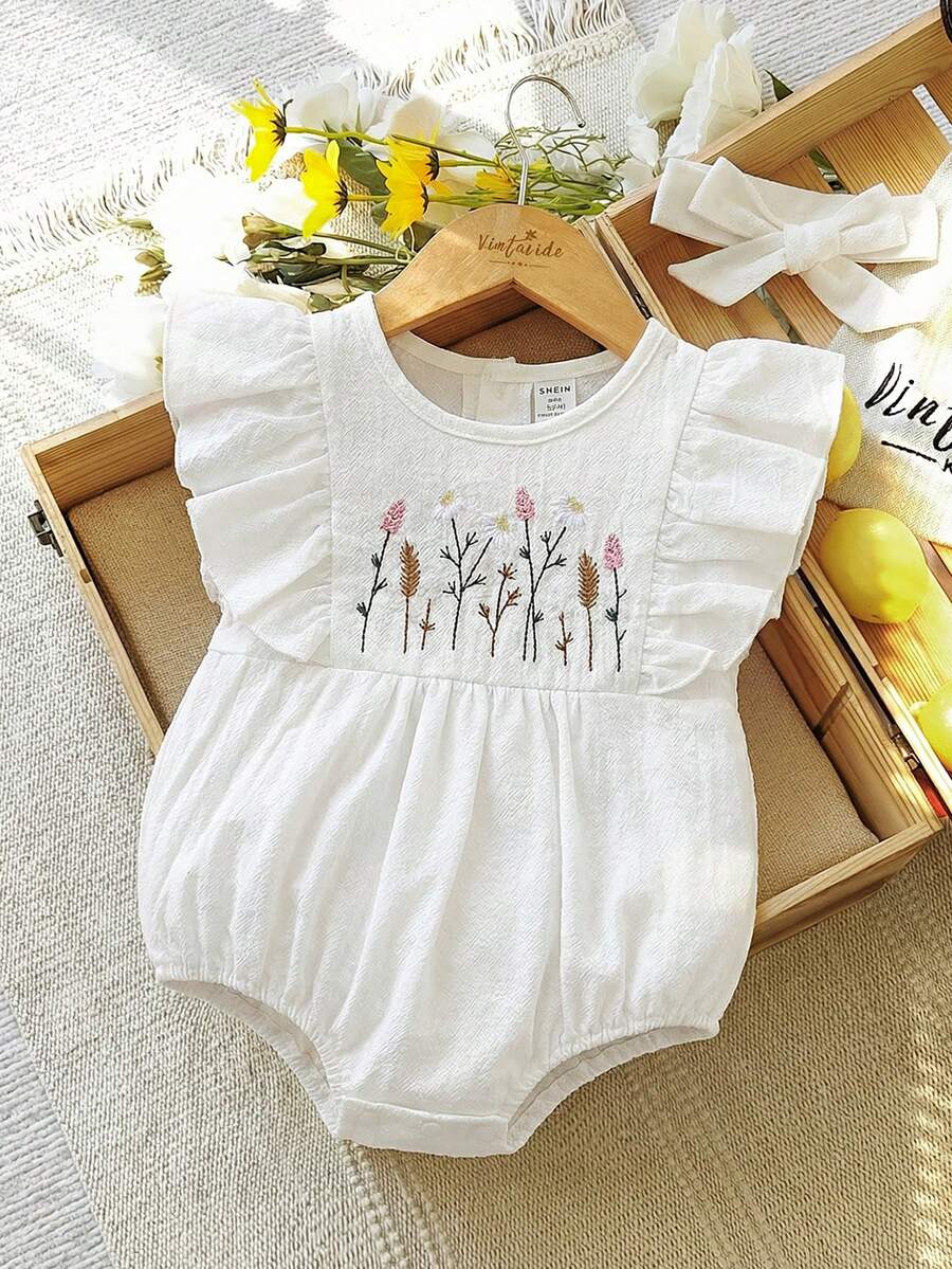 Souflis Souflis 1件女婴短袖刺绣连体衣，带发带，女婴服装，女婴波西米亚风连体衣，女婴套装，女婴夏季服装，女婴复活节连体衣，女婴白色连体衣，新款SS26时尚夏季柔软优雅派对连衣裙，夏季柔软套装 - 白色 - 查看 1