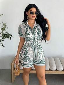 Vavine Women's Tropical Plant Print Short Sleeve Casual Shirt & Shorts Jumpsuit - Multicolor - View 6