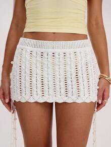 SHEIN BAE Romantic Vacation Hollow Pearl Braided Women Sweater Skirt - White - View 6
