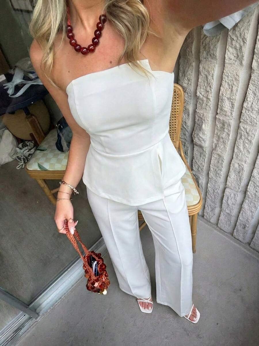 Aloruh 女士纯色不对称下摆抹胸上衣和喇叭裤时尚套装 - 白色 - 查看 1