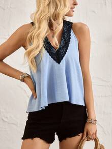 Breezaya Women's Blue Summer Boho Vacation Holiday Top, Lace Patchwork Vest, Beach, Country Music Festival Style Casual Sleeveless - Blue - View 5