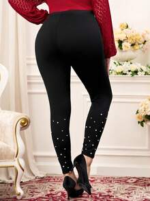 Miaspire 大码女式仿珍珠装饰打底裤，百搭日常穿着 - 黑色 - 查看 2